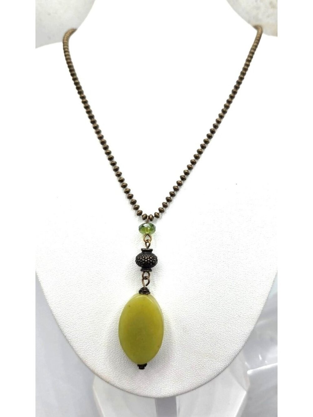 Brass Beaded Necklace With Green Lucite Pendant